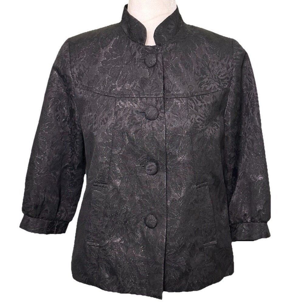 Womens Black Brocade Jacket 3/4 Sleeve Mandarin Collar Classic Elegant Holiday 6